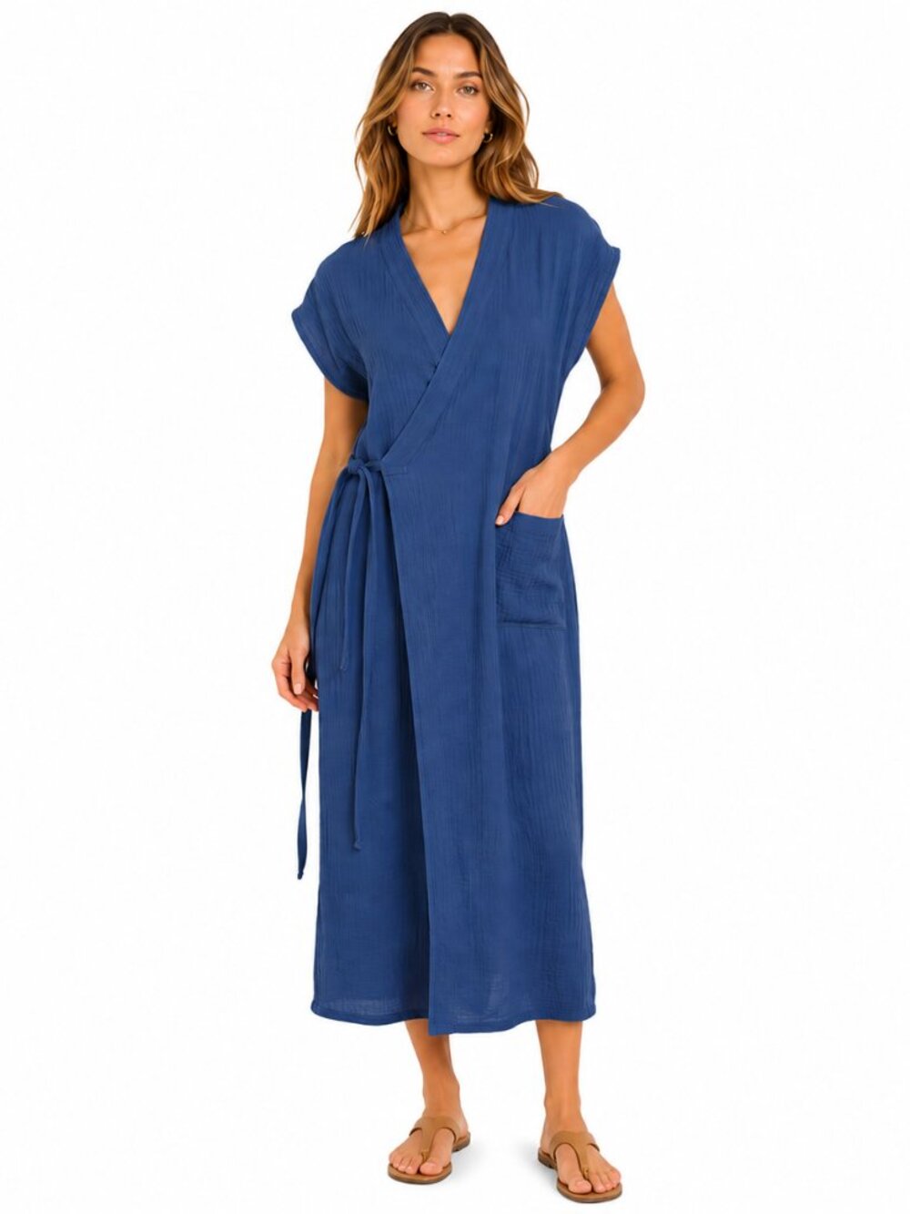 OddBird Co. Aydin House Dress Blue Cotton Gauze Wrap Midi Size S Free People